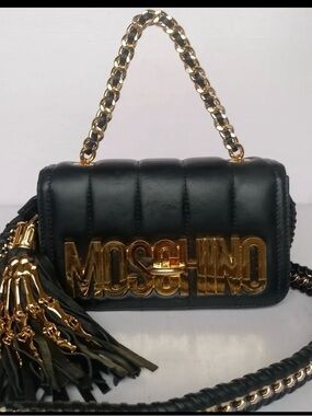 Moschino Black Quilted Mini Skeleton Crossbody Bag with Gold Logo & Chain Tassel